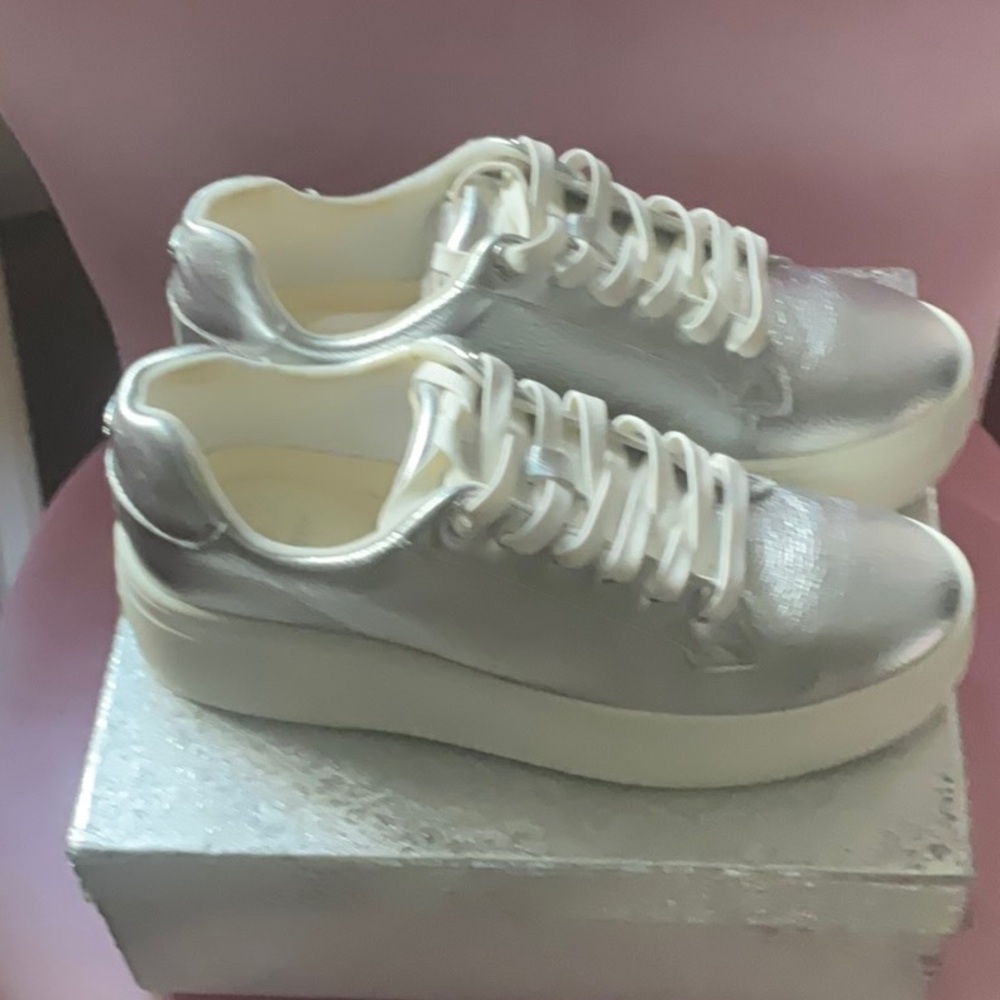 Dune London Metallic Silver Women's Sneakers - Picture 2 of 5